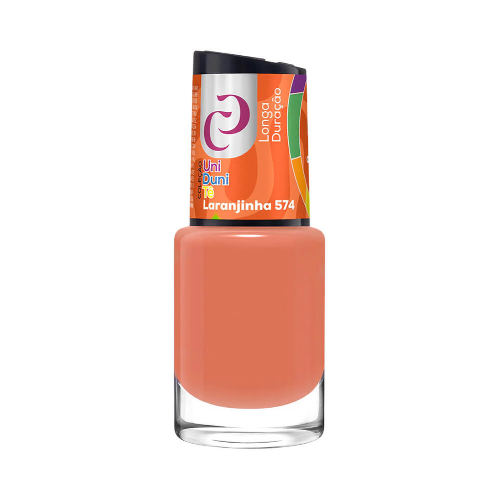 Esmalte Cora Uni Duni Tê na cor Laranjinha 574, frasco transparente com esmalte laranja e tampa preta